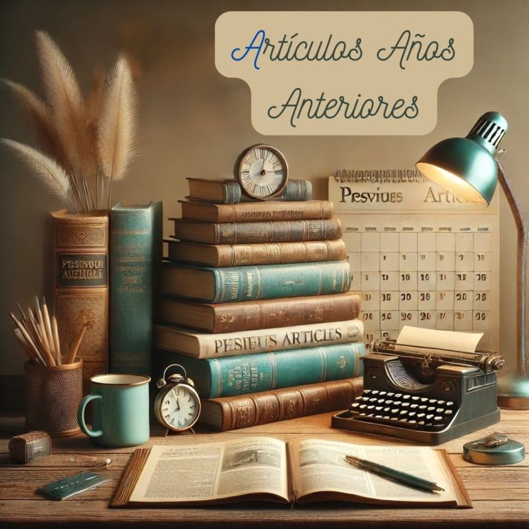 Imagen de libros apilados, una máquina de escribir y calendario antiguo, representando el archivo de artículos de años anteriores de INMAB