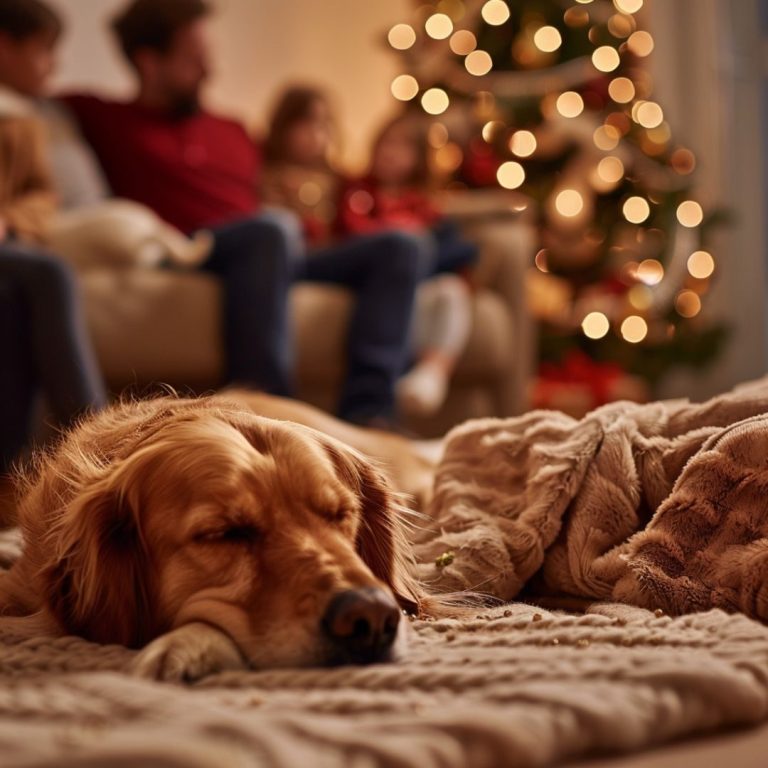 Escena navideña que muestra a una familia compartiendo un momento armonioso con su perro, reflejando la importancia de cuidar y protegerlo