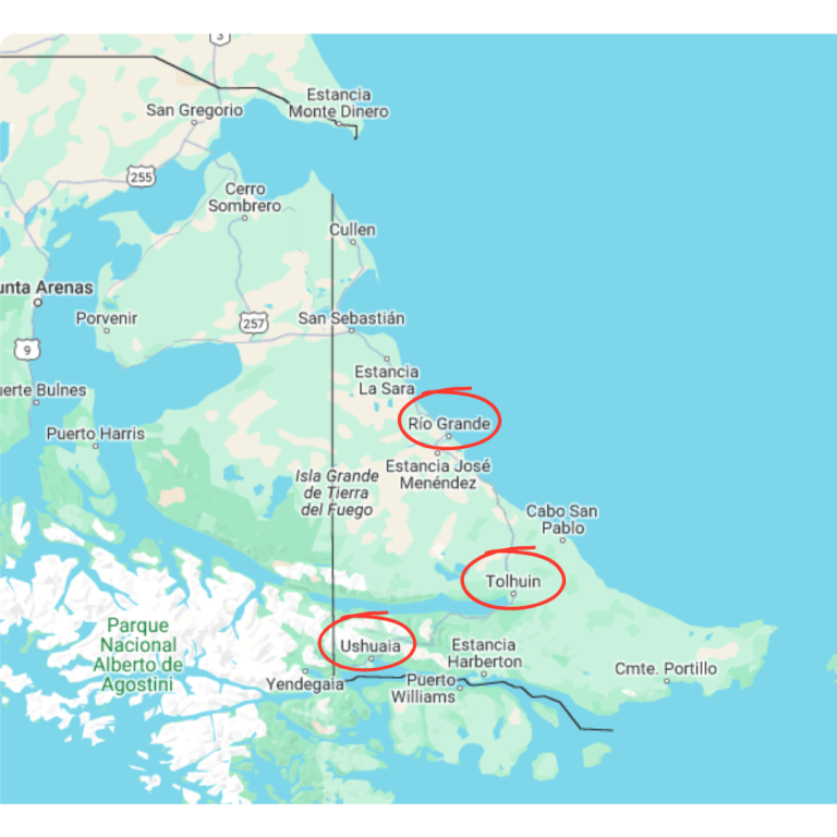 Mapa de Tierra del Fuego con las ciudades principales (Río Grande, Ushuaia, Tolhuin) destacadas, mostrando las áreas clave donde se han registrado casos de mordeduras de perro en el período 2018-2022