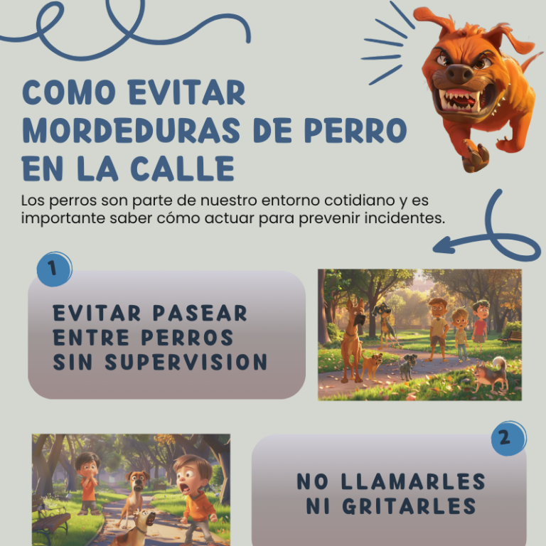 Infografía educativa para prevenir las mordeduras y los ataques de perros en las calles, entornos públicos y espacios exteriores. Una guía para la prevención y el cuidado