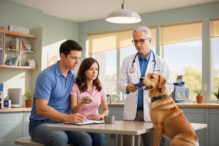 Tutores con su perro en la consulta del veterinario, trabajando en equipo para concienciarse de la importancia del correcto manejo ante los problemas de agresividad