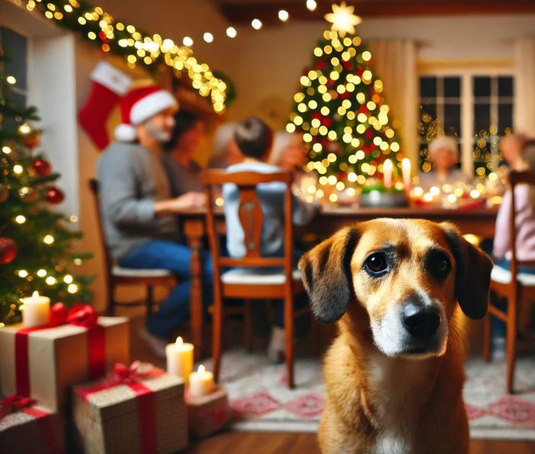 Perro con expresión de confusión o estrés observando una mesa navideña llena de comida y rodeada de personas. Los riesgos de estas fiestas 