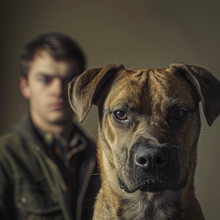 Imagen de un perro en primer plano y su tutor al fondo caminando juntos. Representa la prevención de mordeduras a través de una tenencia responsable y el control en espacios públicos.