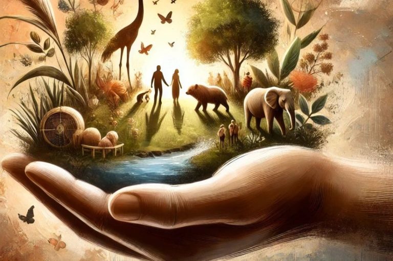 Una mano sosteniendo un ecosistema con humanos, animales y naturaleza, simbolizando el enfoque integral en la gestión de mordeduras