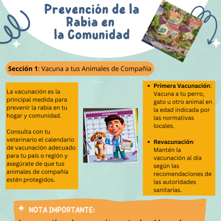 Infografía sobre cómo prevenir la rabia mediante vacunación y medidas comunitarias. El cuidado de nuestro entorno también es cosa de todos