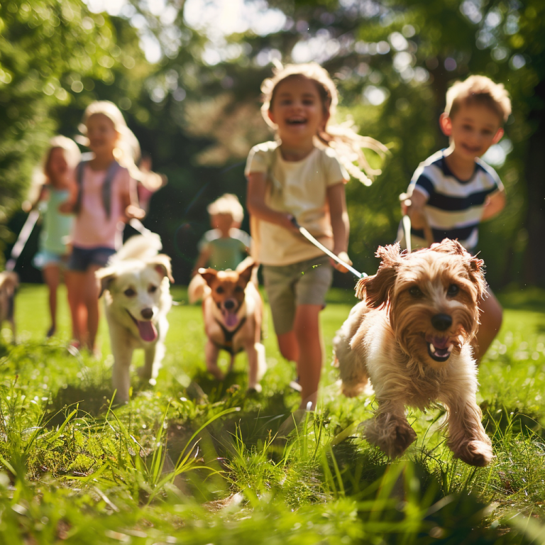 Fotografía de niños paseando perros al aire libre de manera segura, representando la importancia de la socialización y la responsabilidad en la tenencia de mascotas